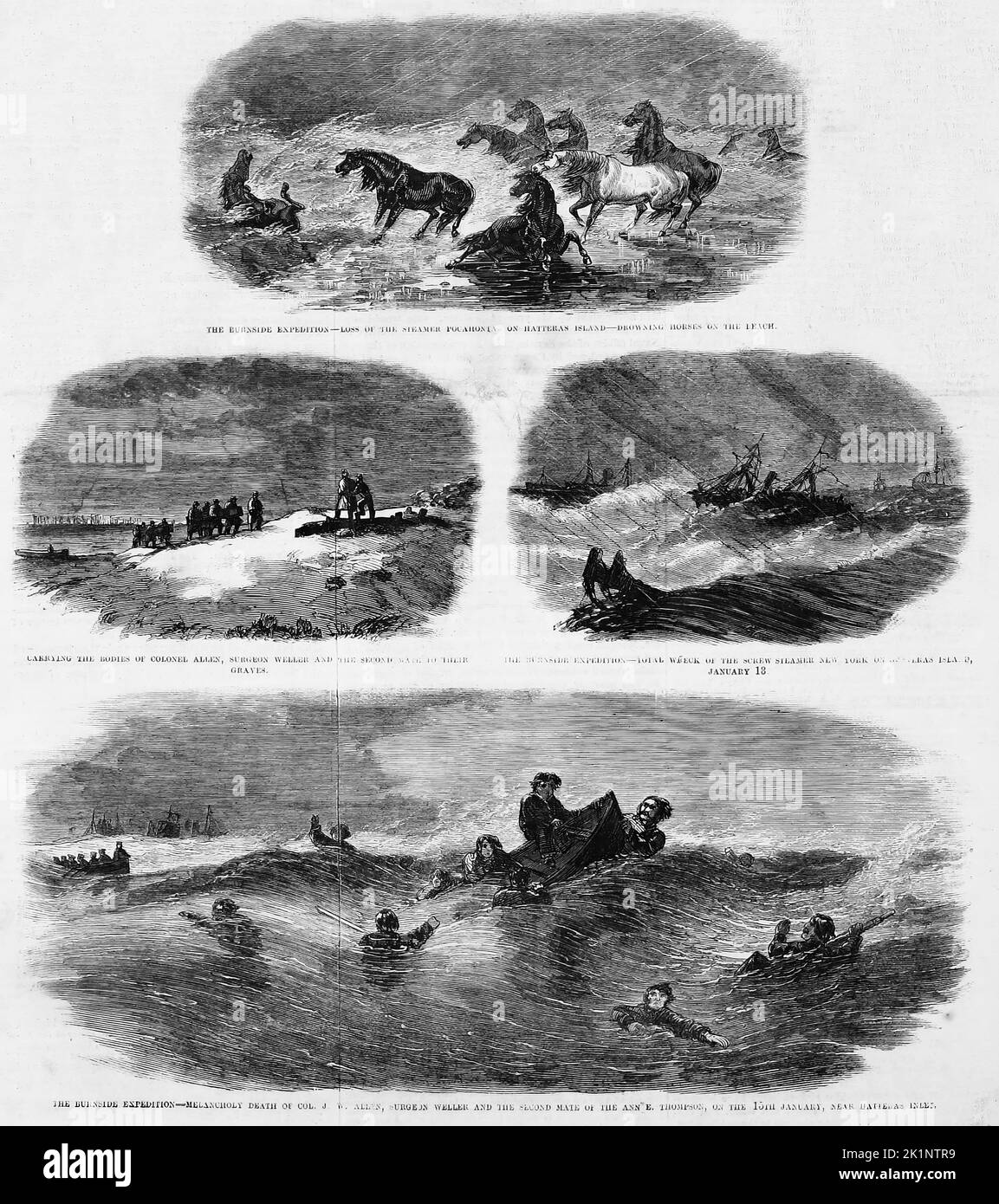 Incidents tragiques de l'expédition Burnside - perte du bateau à vapeur Pocahontas sur l'île Hatteras, noyade des chevaux sur la plage - portant les corps du colonel Allen, le chirurgien Weller et le deuxième compagnon à leurs tombes - épave totale du bateau à vapeur à vis New York sur l'île Hatteras, 18 janvier, 1862 - décès par mélancolie du colonel J. W. Allen, chirurgien Weller et du second compagnon de la Ann E. Thompson, sur 15 janvier 1862, près de Hatteras Inlet. Illustration de la guerre de Sécession américaine du 19th siècle tirée du journal illustré de Frank Leslie Banque D'Images