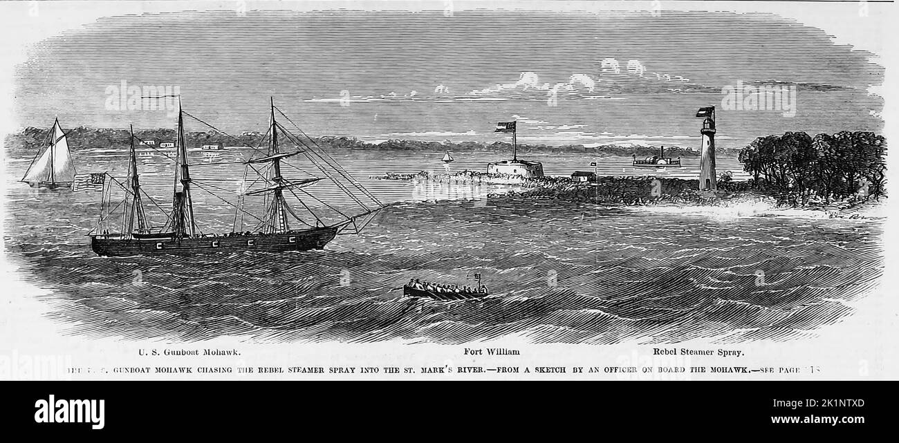 Le tireur Mohawk des États-Unis chassant le vapeur Rebel Spray dans la rivière St. Mark, Floride. Février 1862. Illustration de la guerre de Sécession américaine du 19th siècle tirée du journal illustré de Frank Leslie Banque D'Images