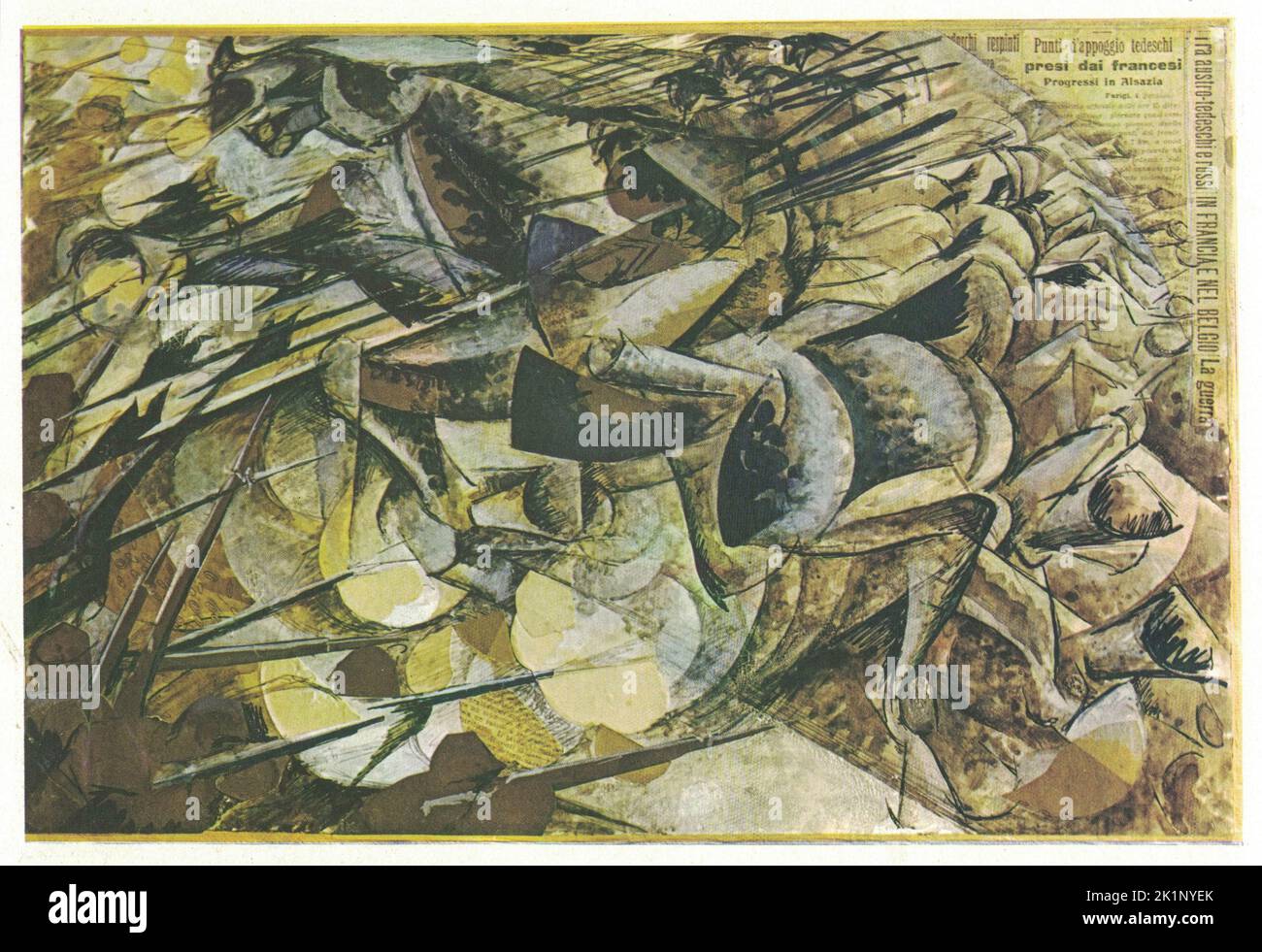 La charge des Lancers, 1915, collage, carton, tempera. L'œuvre d'Umberto Boccioni. La charge des Lanciers est la seule œuvre connue de Boccioni consacrée exclusivement au thème de la guerre. Étant un collage, la charge était également un départ rare pour l'artiste en termes de moyen. Dans les travaux précédents, Boccioni avait utilisé la figure du cheval comme symbole de travail, mais dans ce collage, le cheval devient un symbole de guerre et de force naturelle, car il semble être en surmontant une horde de baïonnettes allemandes. Si, en fait, Boccioni établissait la force brute du cheval sur les armes artificielles Banque D'Images