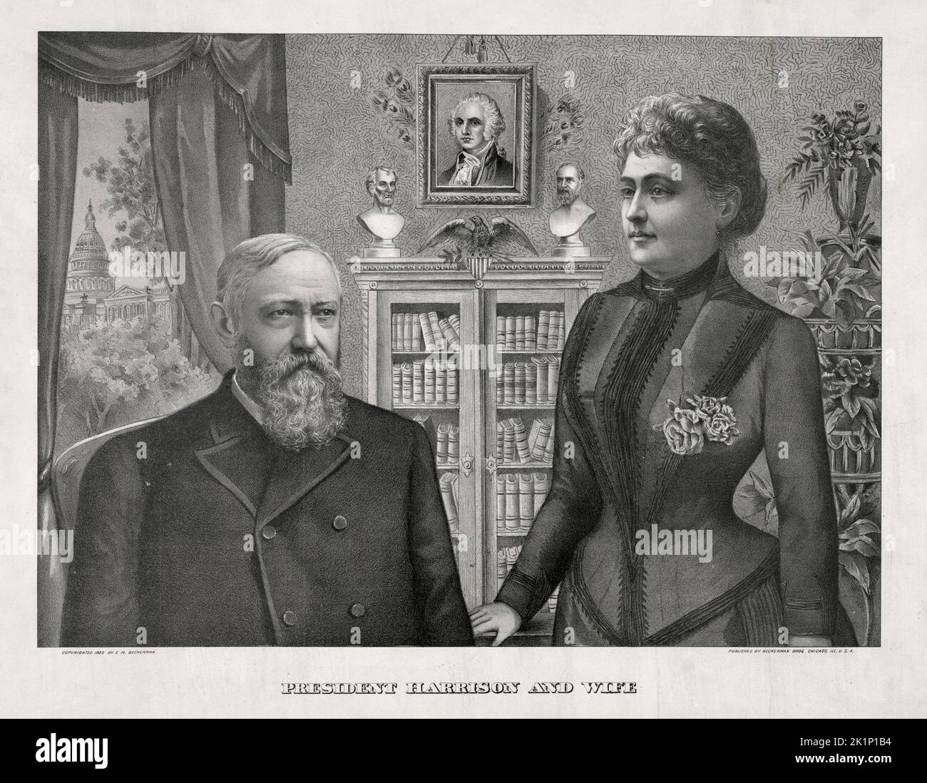 Une gravure du président américain Benjamin Harrison et de sa femme Caroline Scott Harrison, qui est décédée de la tuberculose en 1892. Banque D'Images