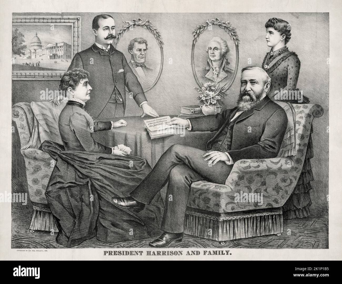 Une gravure du président américain Benjamin Harrison, de sa femme Caroline Scott Harrison et de leurs enfants Russel Harrison et de sa fille Mary. Après la mort de Caroline en 1892, Mary a servi comme première dame intérimaire pour le reste du mandat de Harrison comme présidente/. Banque D'Images