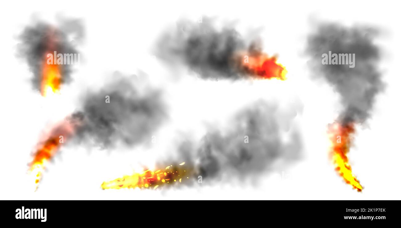 Fumée réaliste noire, nuages de poussière isolés sur fond blanc. Pollution par le smog ou le brouillard sale. Pollution de l'air, effet de brume. Fumée provenant d'un incendie ou d'une explosion Illustration de Vecteur