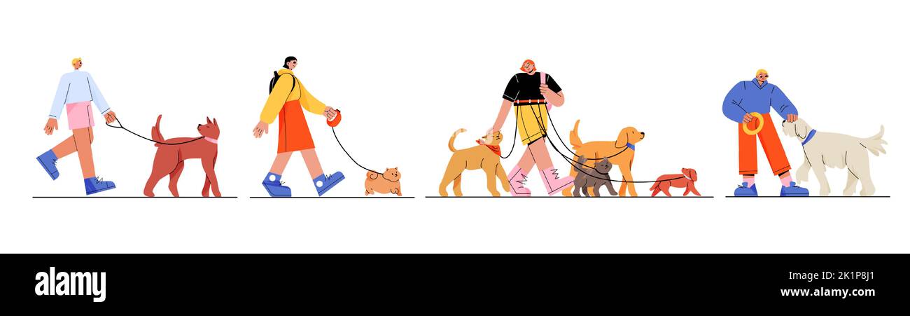 Des gens heureux marchant des chiens en laisse. Jeu d'illustrations vectorielles plates de jeunes hommes et femmes en vêtements décontractés entraînement, jouer, s'amuser avec des animaux de différentes races. Loisirs actifs, amitié Illustration de Vecteur