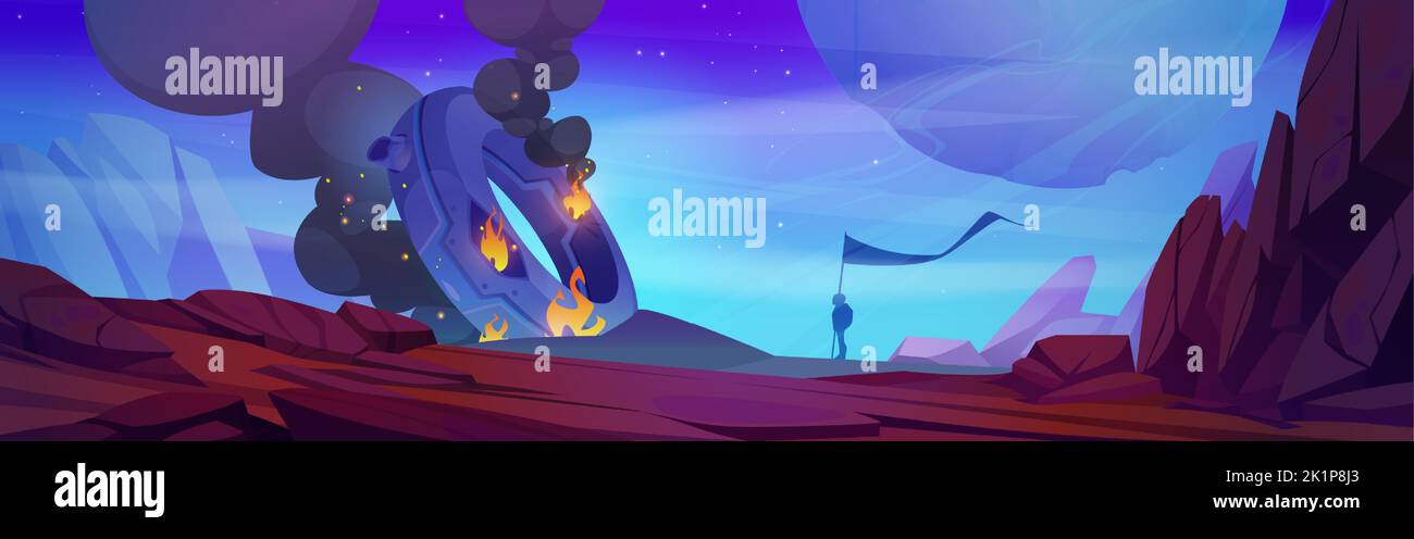 Accident d'un vaisseau spatial OVNI sur une planète extraterrestre. Paysage spatial futuriste avec navette en métal cassé dans le feu après l'épave et silhouette de l'homme avec drapeau, illustration de dessin animé vectoriel Illustration de Vecteur