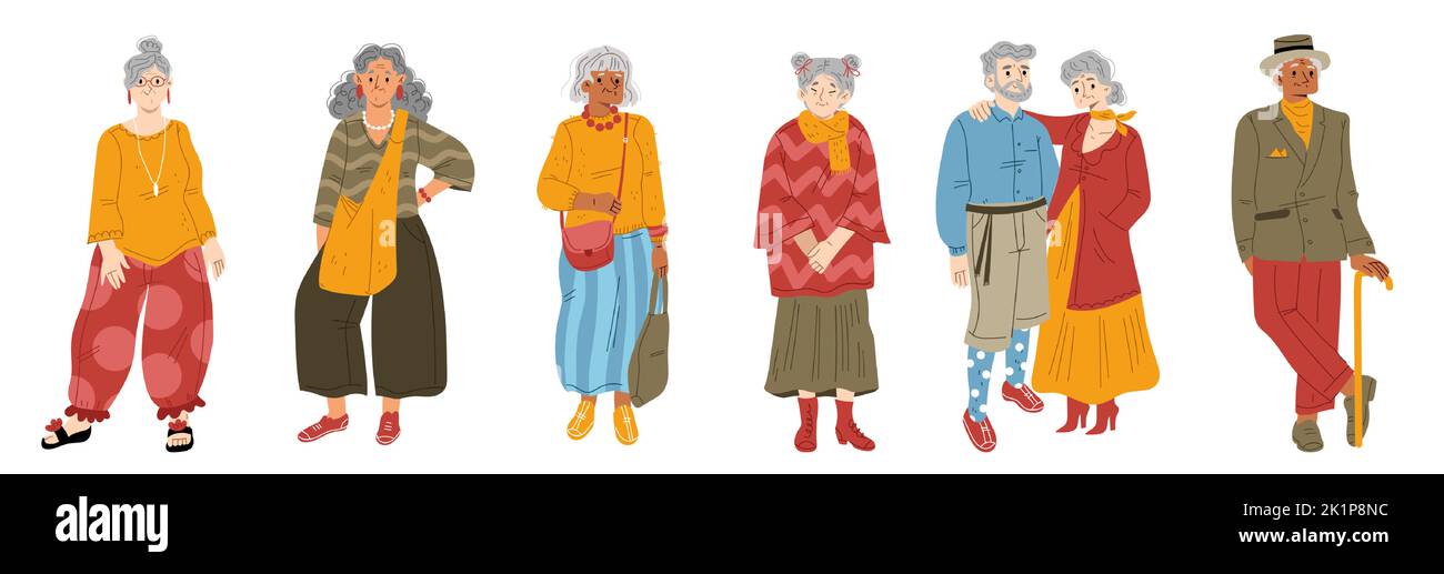 Les vieux modernes, les femmes adultes et les hommes âgés dans les vêtements de mode. Grands-mères et grands-pères heureux dans des vêtements décontractés tendance isolés sur fond blanc, illustration vectorielle plate Illustration de Vecteur