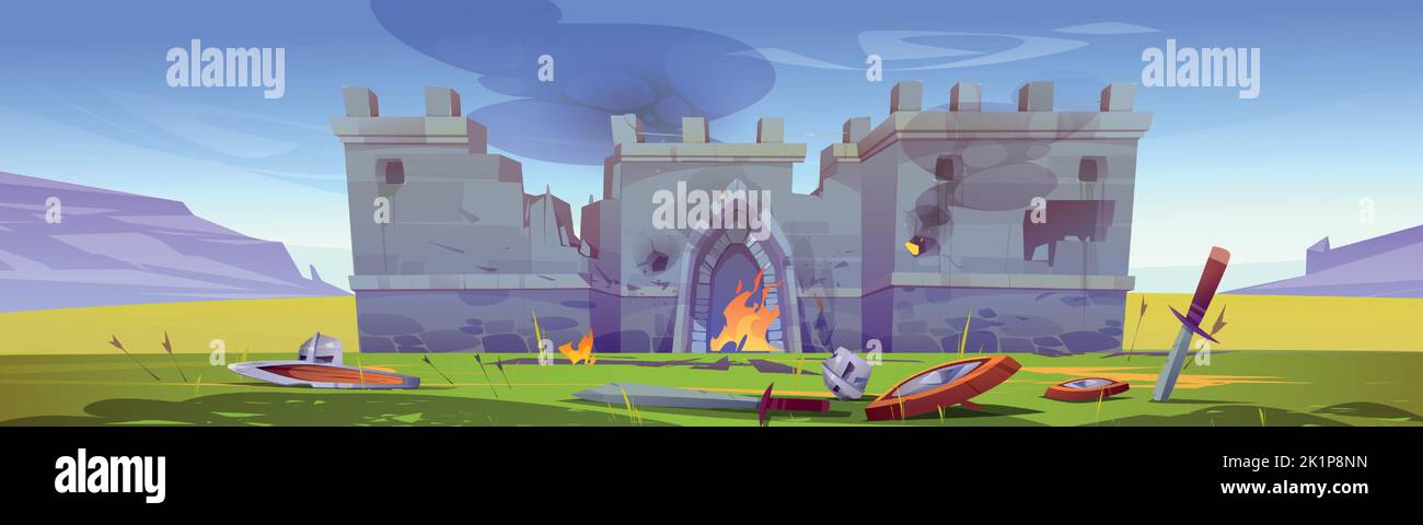Champ de bataille avec le vieux château médiéval en feu, épées et boucliers sur l'herbe. Paysage de champ de bataille avec forteresse avec des murs de pierre cassés et des armures de soldats, illustration de dessin animé vectoriel Illustration de Vecteur