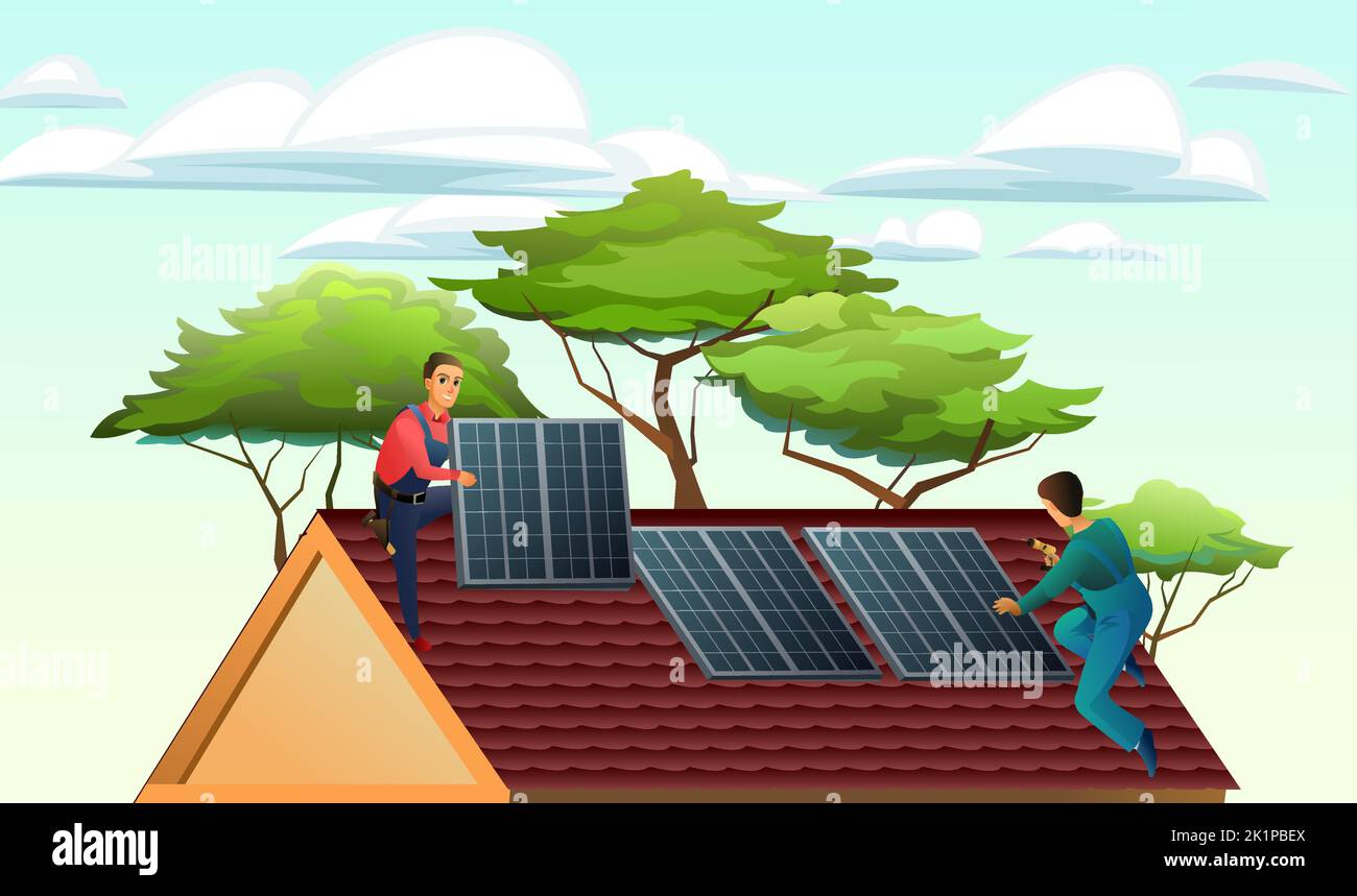 Deux travailleurs installent des panneaux solaires sur le toit. Énergies alternatives. Sources renouvelables d'énergie électrique. Les travailleurs travaillent sur le toit. Sur toile de fond d'arbres Illustration de Vecteur