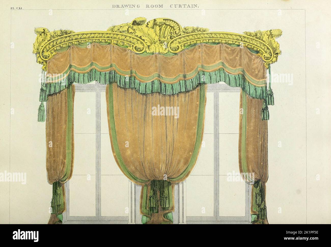 Rideau de la fenêtre de la salle de dessin jaune du guide du fabricant d'armoires et du tapissier : étant un livre de dessin complet, dans lequel seront compris des traités sur la géométrie et la perspective comme applicable aux branches ci-dessus de la mécanique illustré par de nombreuses gravures de nouveaux et originaux dessins pour le mobilier de ménage, Et décoration intérieure magnifiquement et correctement colorée par Smith, George, 1808-1899 Date de publication 1826 Éditeur Londres : Jones and Co Banque D'Images