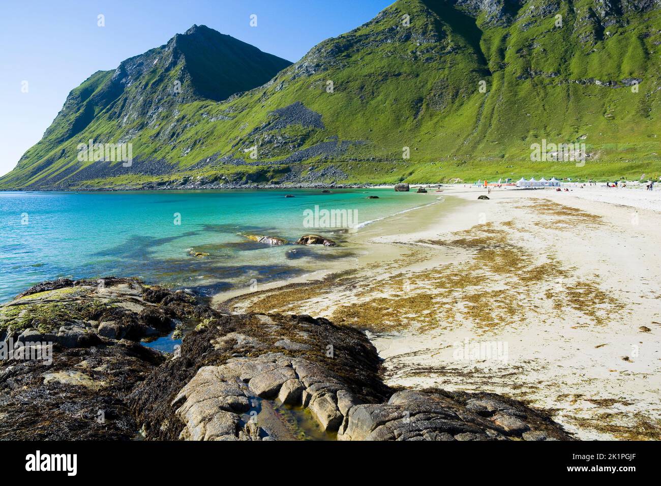 Belle plage de Haukland à Lofoten, Norvège Banque D'Images