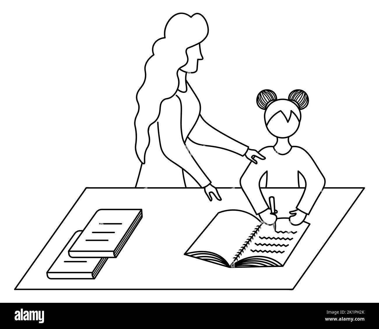 Maman aide sa fille à faire ses devoirs. Esquisse. Illustration vectorielle. La fille s'assoit à la table et écrit dans un bloc-notes avec un stylo. Manuels scolaires à proximité. Illustration de Vecteur