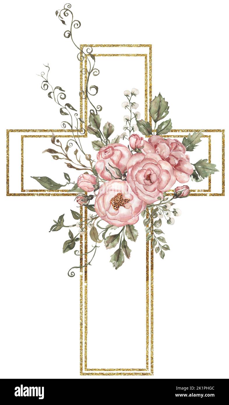 Aquarelle Croix florale peinte à la main Clipart, Pâques religieuse rose pivoine fleur illustration, Baptême Croix clipart, Saint Esprit clipart, fram doré Banque D'Images