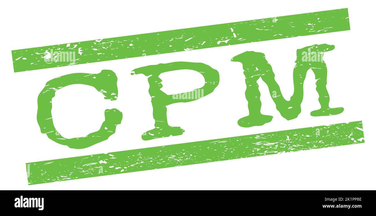 Le texte CPM est écrit sur le signe de timbre vert des lignes de grungy. Banque D'Images