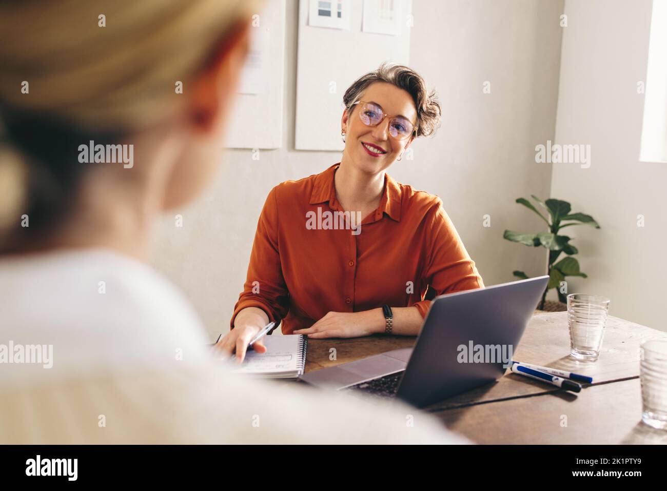 Heureux gestionnaire d'embauche souriant tout en interviewant un candidat à l'emploi dans son bureau. Femme d'affaires gaie ayant une réunion avec un bricheliste d'applican d'emploi Banque D'Images