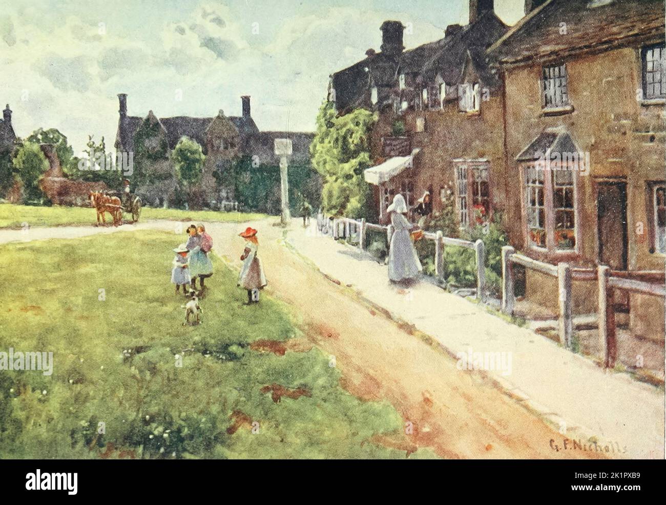 Le Village Green, Broadway. Cotswolds Water-Colors par Nicholls, G. F (George Frederick NICHOLLS) Date de publication 1920 Éditeur Londres : A. & C. Black Banque D'Images