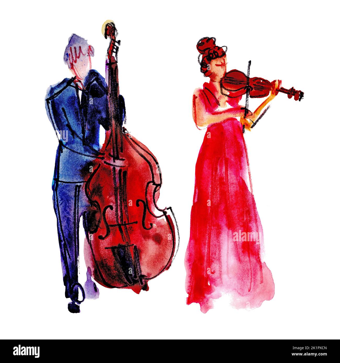 Aquarelle dessin à la main: Groupe musical, homme avec contrebasse et femme avec violon Banque D'Images