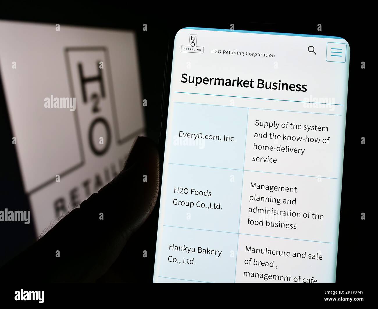 Personne tenant un téléphone portable avec la page Web de la société japonaise H2O Retailing Corporation à l'écran devant le logo. Concentrez-vous sur le centre de l'écran du téléphone. Banque D'Images