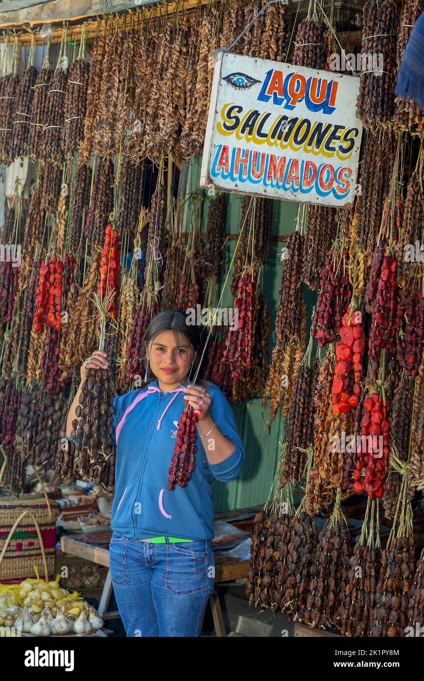 Chili, magasin de Puerto Montt dans la région du port vend du poisson en coquille séché. Banque D'Images