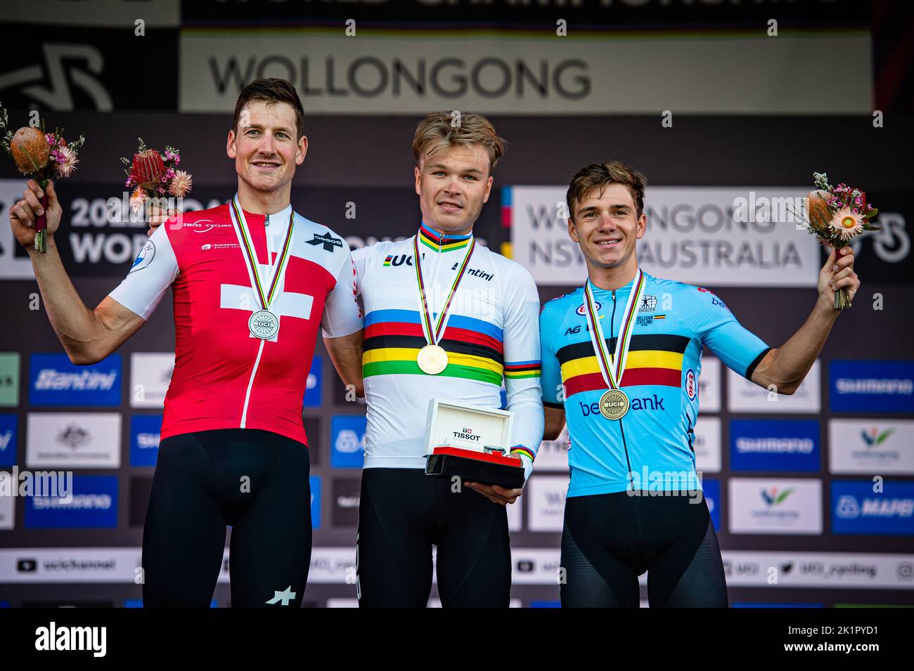 WOLLONGONG, AUSTRALIE - SEPTEMBRE 18 : Küng Stefan ( SUI ), FOSS Tobias S ( NOR ), EVENEPOEL Remco ( bel ) lors des Championnats du monde de route 2022 de l'UCI Wollongong sur 18 septembre 2022 à Wollongong, Australie (photo d'Arne MillOrange Pictures) Banque D'Images