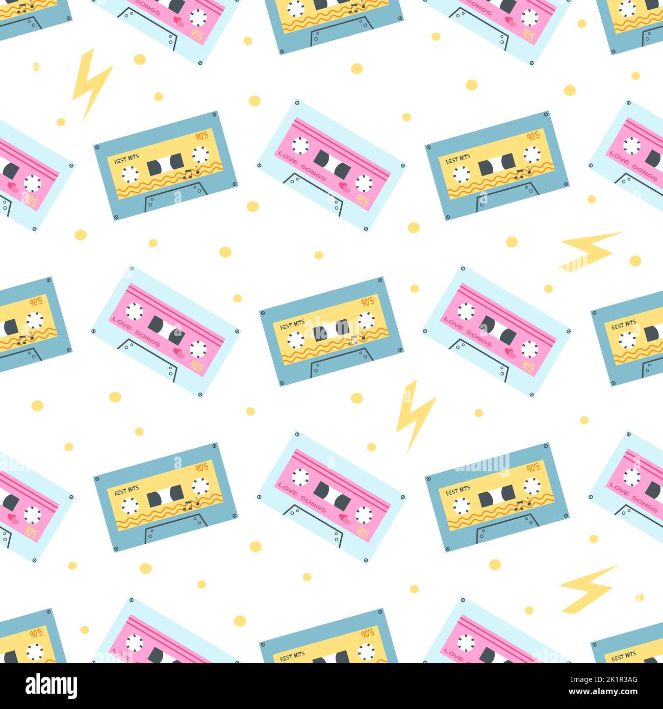 Motif sans couture avec cassettes en 1990s. Illustration vectorielle de mixtape audio, groovy print, Nostalgia 1990 pour papier d'emballage, papier peint Illustration de Vecteur