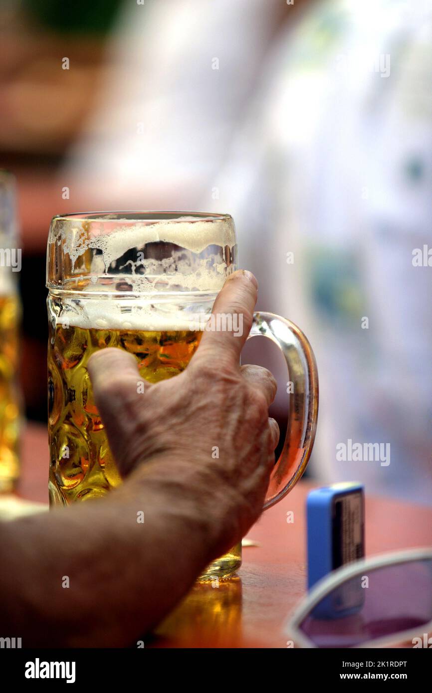 Bière allemande (stein) tenue par la main de l'homme, haute-Bavière, Allemagne Banque D'Images