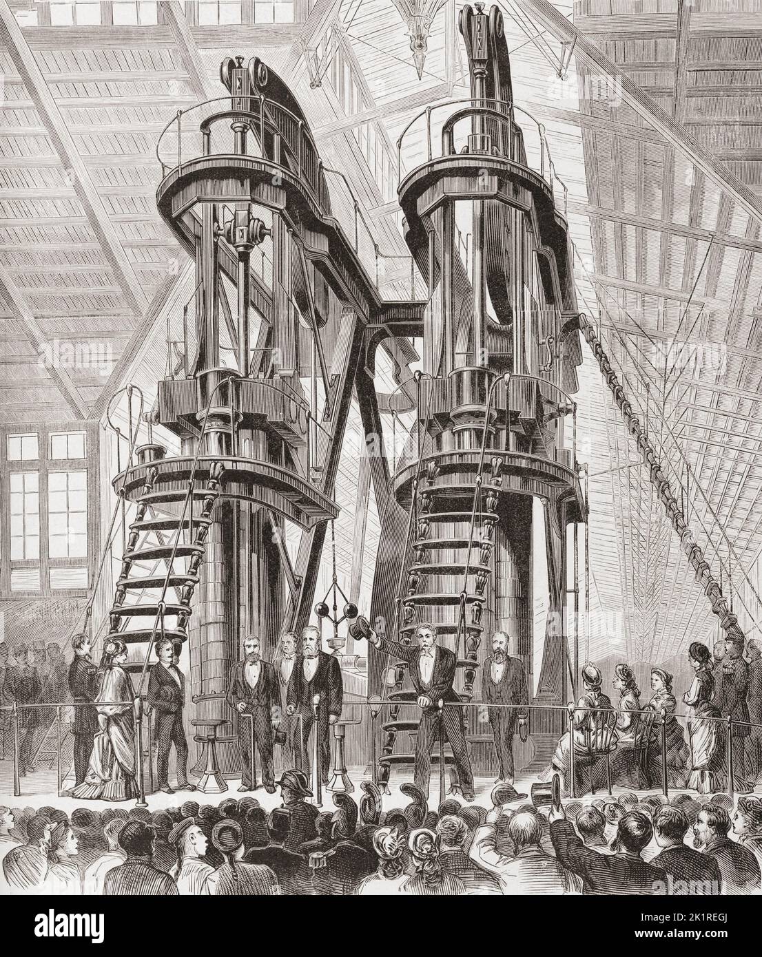 Le moteur à faisceau rotatif appelé Corliss Centennial Engine, qui a alimenté la plupart des expositions de l'exposition Centennial à Philadelphie en 1876. Après une illustration dans le registre historique de Frank Leslie de l'exposition du centenaire des États-Unis, 1876 Banque D'Images