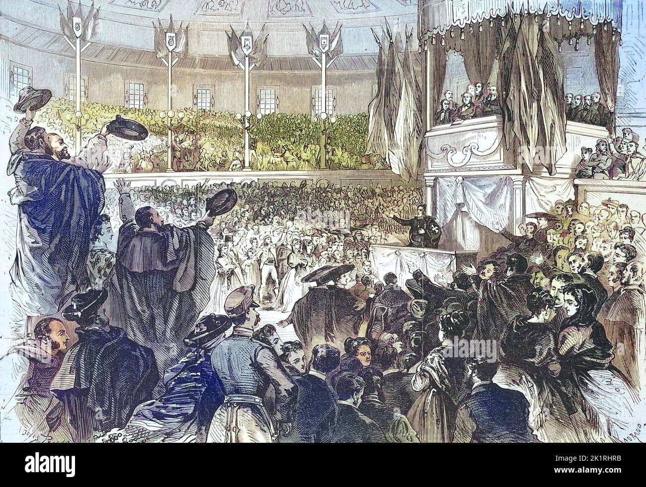 Kundgebung im Circus Prix à Madrid für die Abschaffung der Sklaverei in den Kolonien, 1869, Espagnol / Rally at Circus Prix à Madrid pour l'abolition de l'esclavage dans les colonies, 1869, Espagne, Historisch, digital restaurierte Reproduktion einer Originalvorlage aus dem 19. Jahrhundert, genaues Originaldatum nicht bekannt / historique, numérique reproduction améliorée d'un original du 19th siècle, Banque D'Images