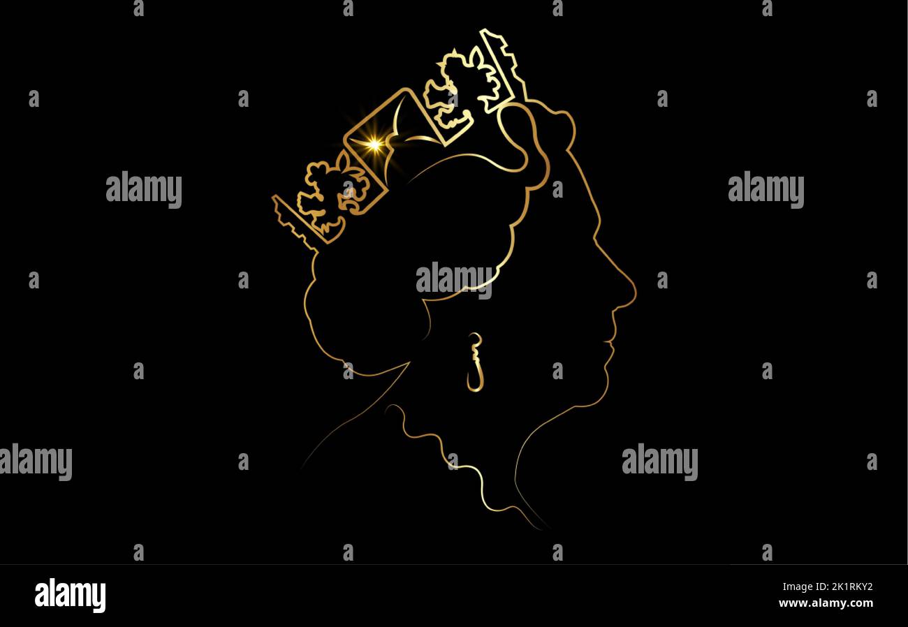 Symbole de la couronne dorée dans le style artistique en ligne, profil latéral de la reine Elizabeth II La Reine en portrait doré, illustration vectorielle isolée sur noir Illustration de Vecteur