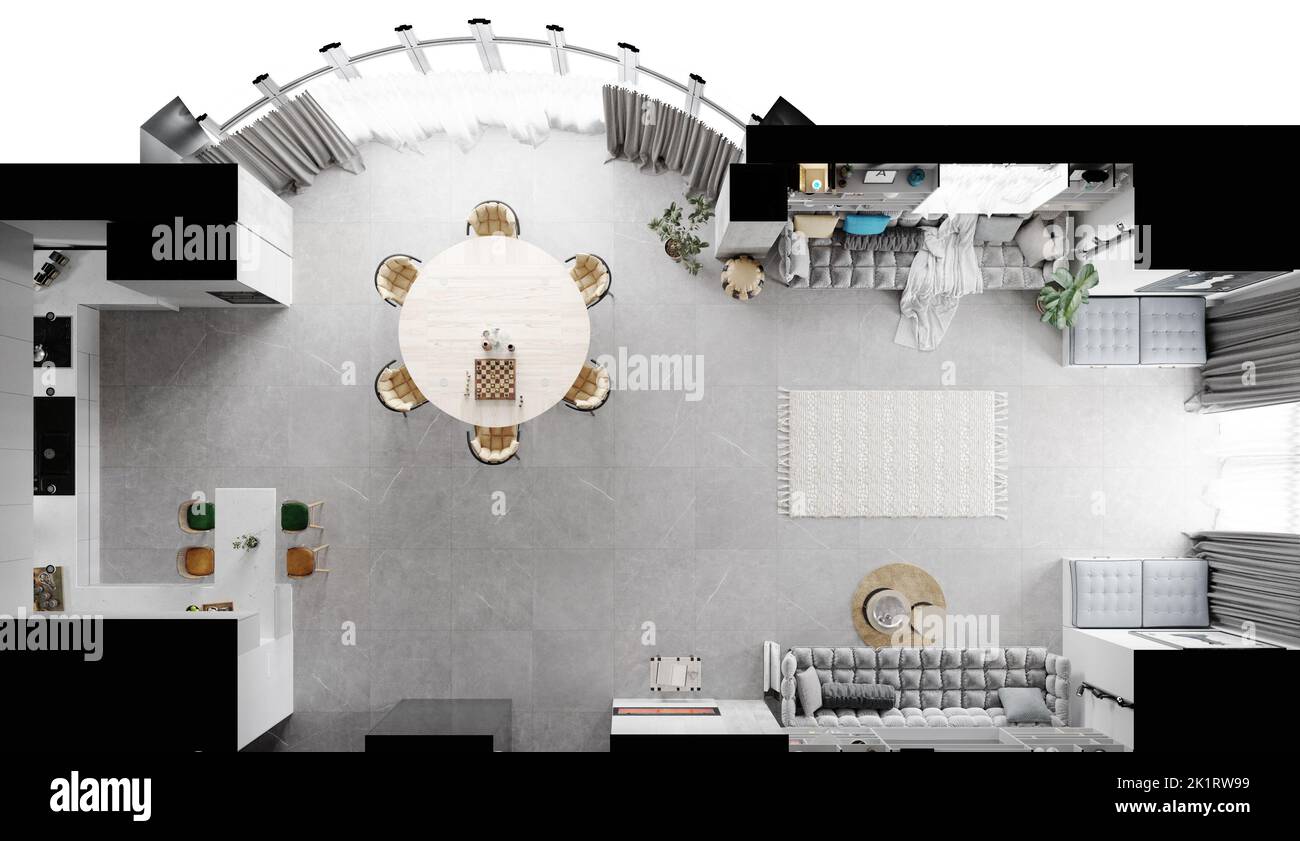 Intérieur moderne d'une maison privée de luxe. Vue du salon depuis le dessus. 3d illustration Banque D'Images