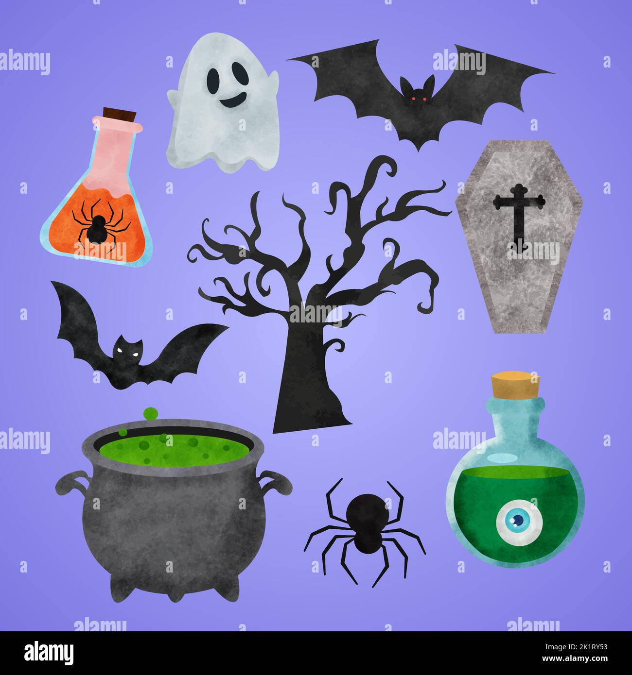 Halloween adorable ensemble de collection d'objets effrayants aquarelle. Banque D'Images
