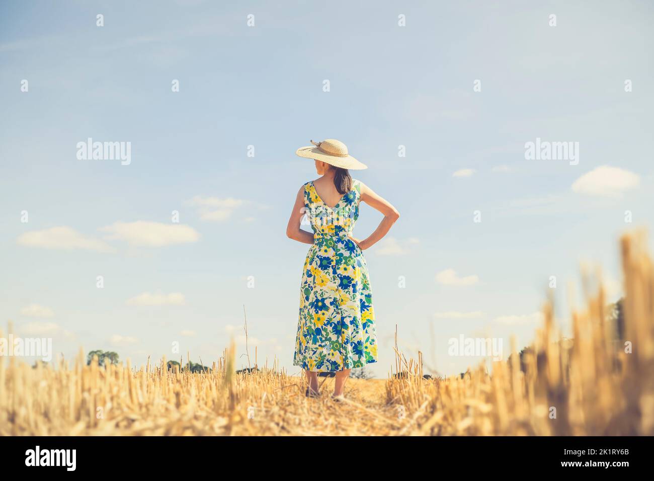 Vue arrière d'une femme vêtue d'une robe d'été et chapeau de paille dans un champ avec un ciel bleu par temps ensoleillé. Banque D'Images
