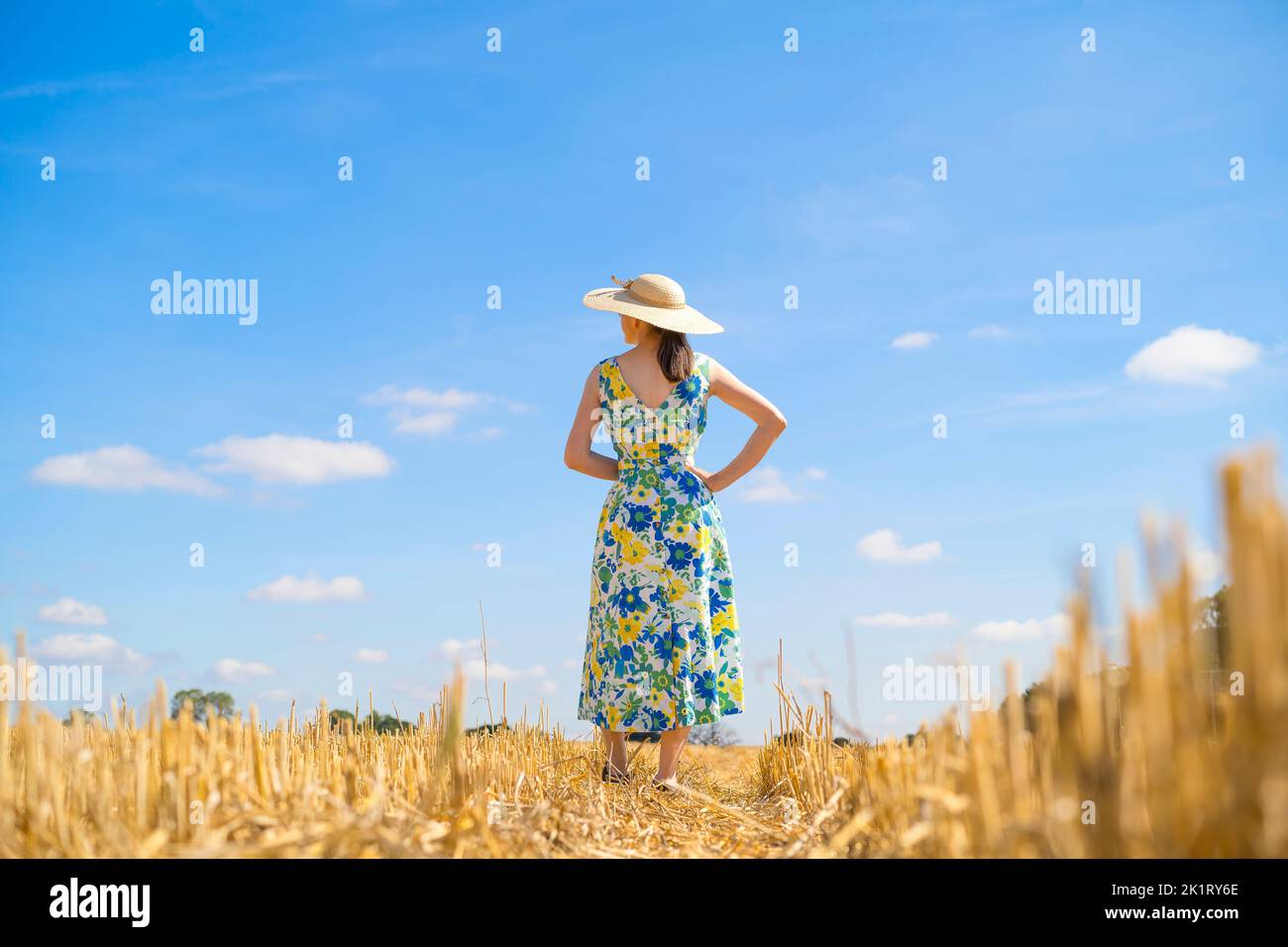 Vue arrière d'une femme vêtue d'une robe d'été et chapeau de paille dans un champ avec un ciel bleu par temps ensoleillé. Banque D'Images