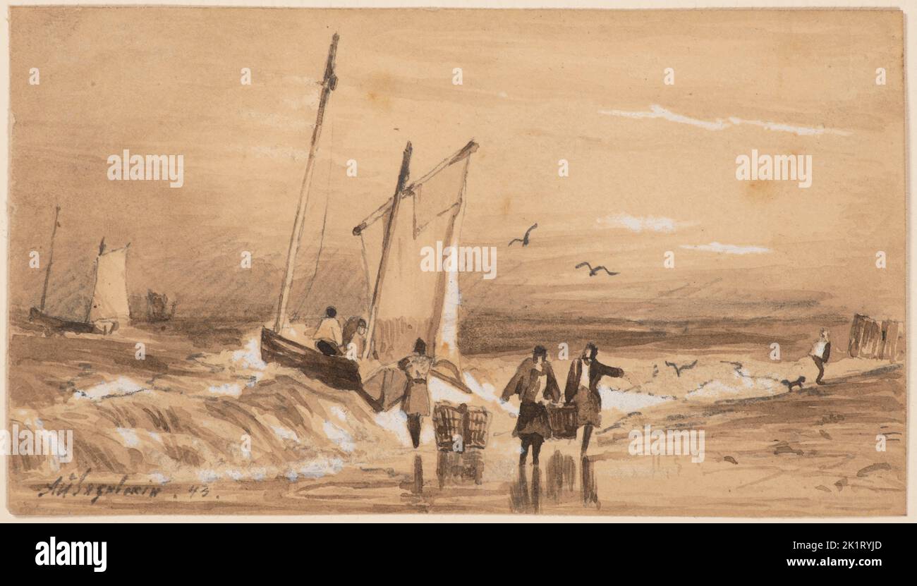 Mer-côte avec pêcheurs. Musée : COLLECTION PRIVÉE. AUTEUR: IVAN KONSTANTINOVICH AIVAZOVSKY. Banque D'Images