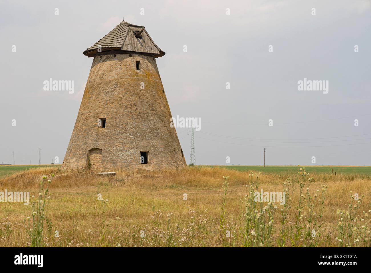 Melenci, Serbie - 30 juillet 2022 : ancienne structure de moulin à vent abandonnée au champ près du village de Melenci en Voïvodine. Banque D'Images