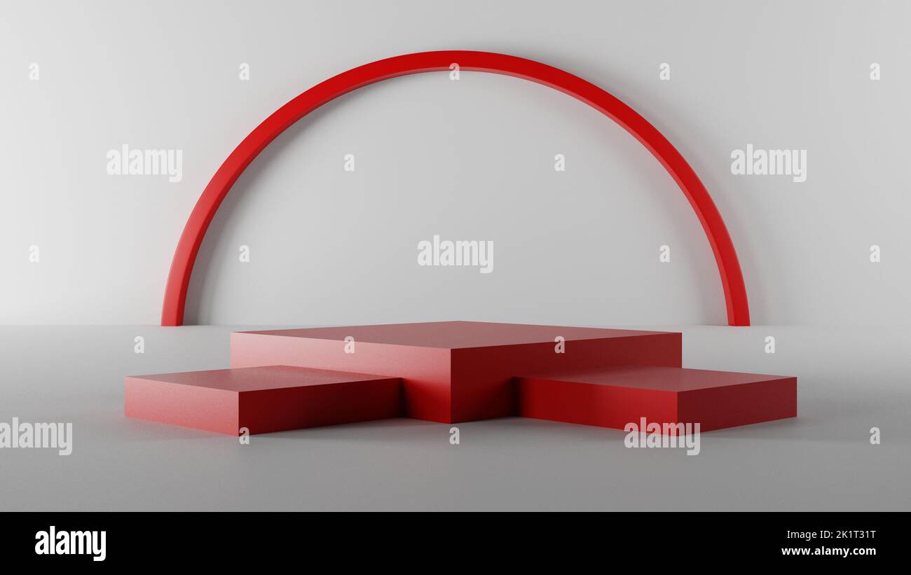 Socle vide rouge et blanc minimal pour la présentation des produits, 3D podium abstrait, 3D rendu Banque D'Images