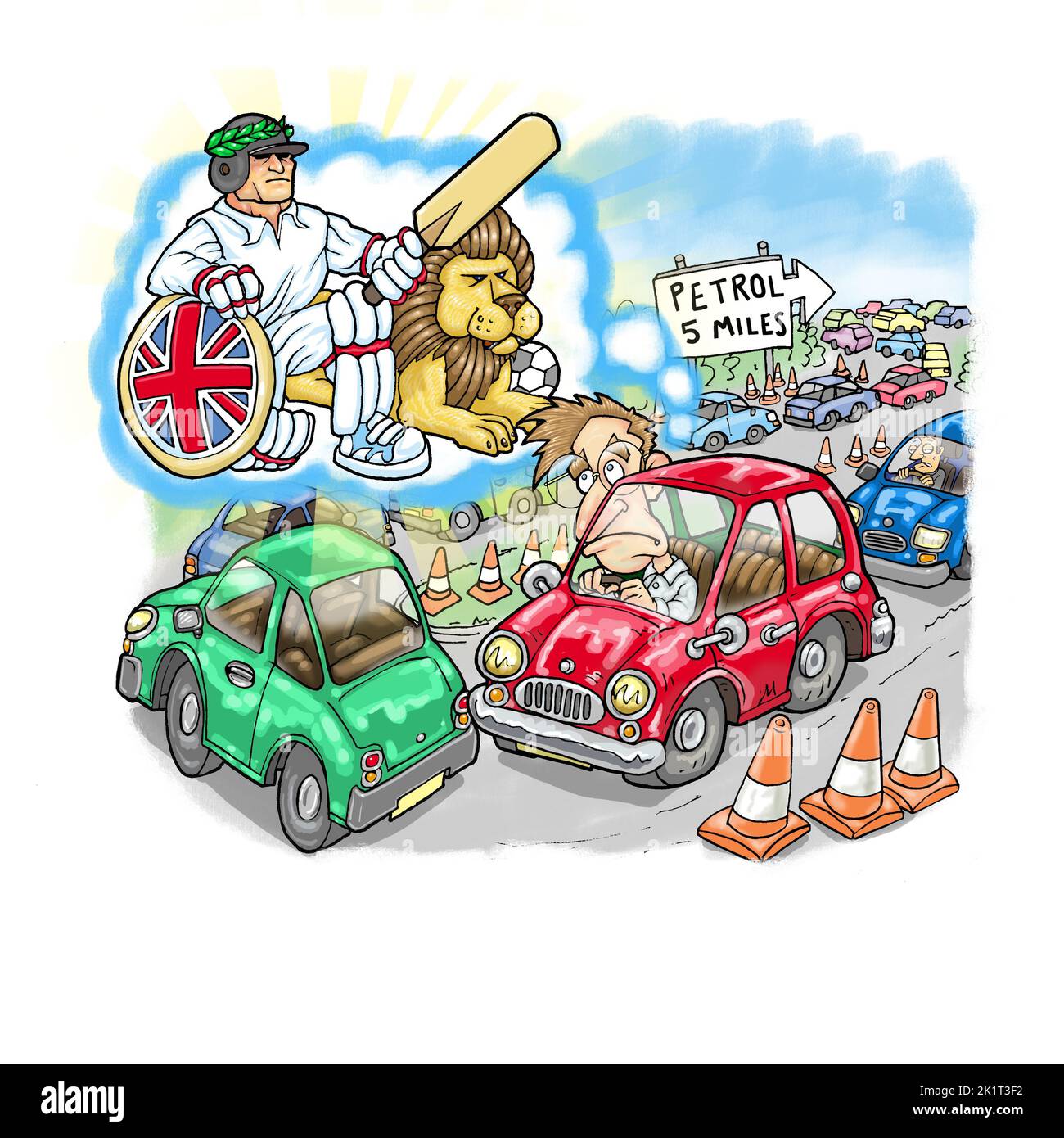 Caricature, homme coincé dans la file des embouteillages et des douanes rêvant de stéréotypes anglais sur le cricket, le Britannia et les lions par rapport aux réalités de l'après-Brexit Banque D'Images