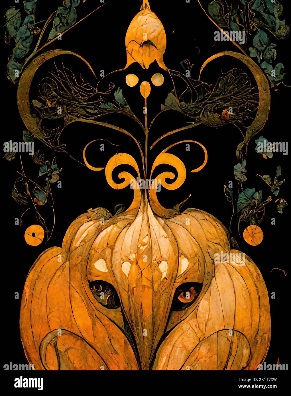 Carte d'Halloween. Horreur mal grosse citrouille de style Art nouveau Banque D'Images