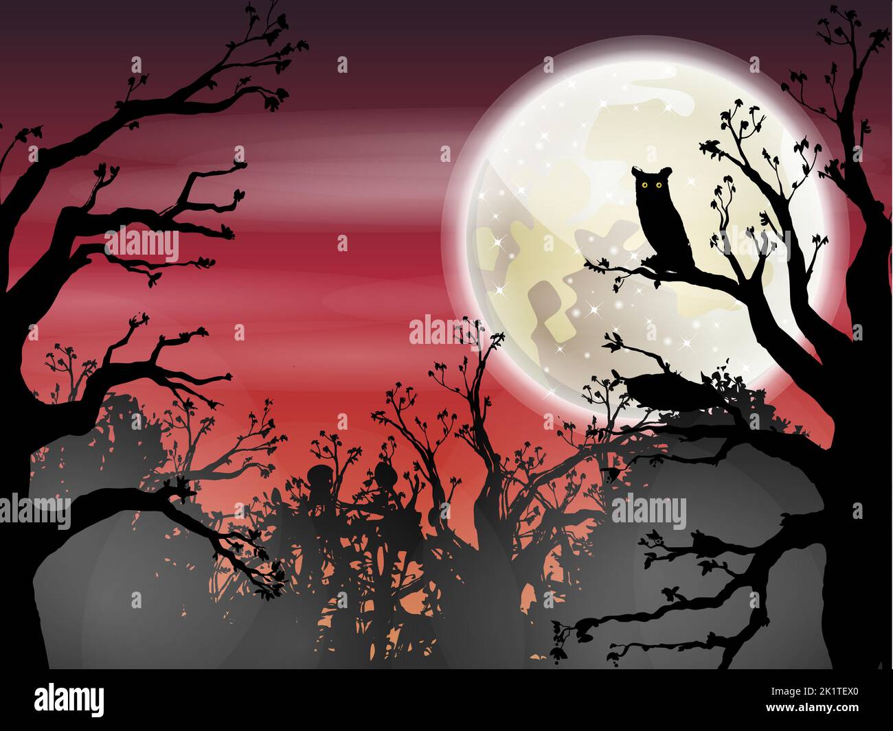 Arrière-plan de Halloween Woods avec hibou et pleine lune. Illustration vectorielle Illustration de Vecteur