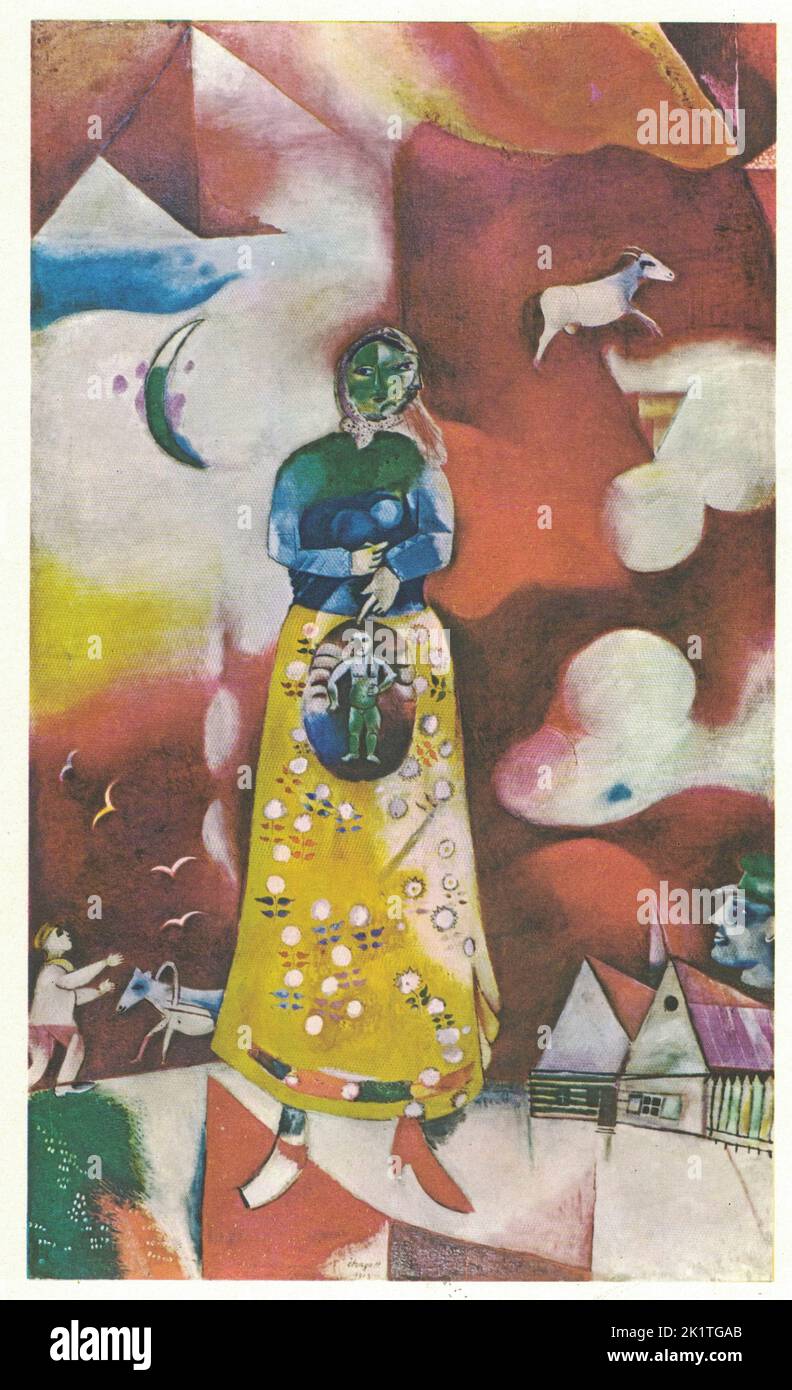 Marc Chagall, 1913 ans, la femme enceinte (Materiné), huile sur toile. Marc Chagall (né Moishe Shagal, du 28 mars 1887 au 28 mars 1985) est un artiste russo-français. Ancien moderniste, il a été associé à plusieurs styles artistiques majeurs et a créé des œuvres dans un large éventail de formats artistiques, y compris la peinture, les dessins, les illustrations de livres, les vitraux, décors, céramiques, tapisseries et imprimés beaux-arts. Né dans la Biélorussie moderne, alors partie de l'Empire russe, il était d'origine juive russe. Avant la première Guerre mondiale, il voyageait entre Saint-Pétersbourg, Paris et Berlin. Banque D'Images