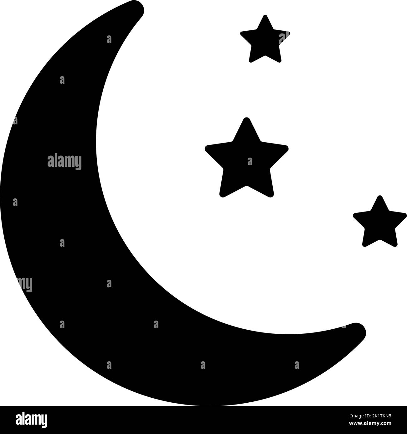 Nouvelle lune et trois étoiles au ciel nocturne. Illustration de l'icône vecteur plat. Symbole noir simple sur fond blanc. New Moon et Three Stars at Night Sky s Illustration de Vecteur