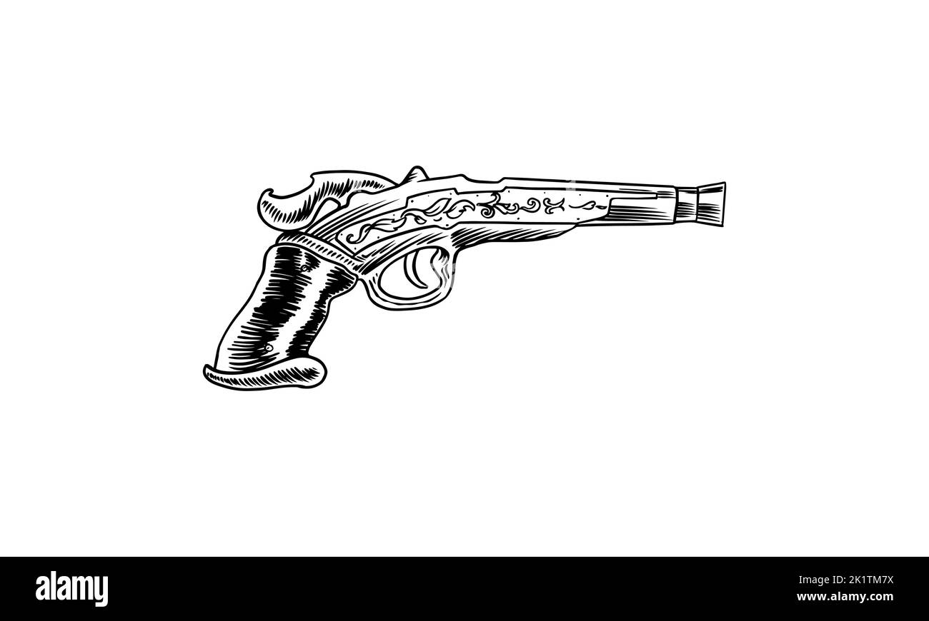 Pirate Revolver. Dessin gravé à la main, croquis vintage pour tatouage ou imprimé sur un t-shirt. Pistolet ou pistolet à main. Illustration de Vecteur