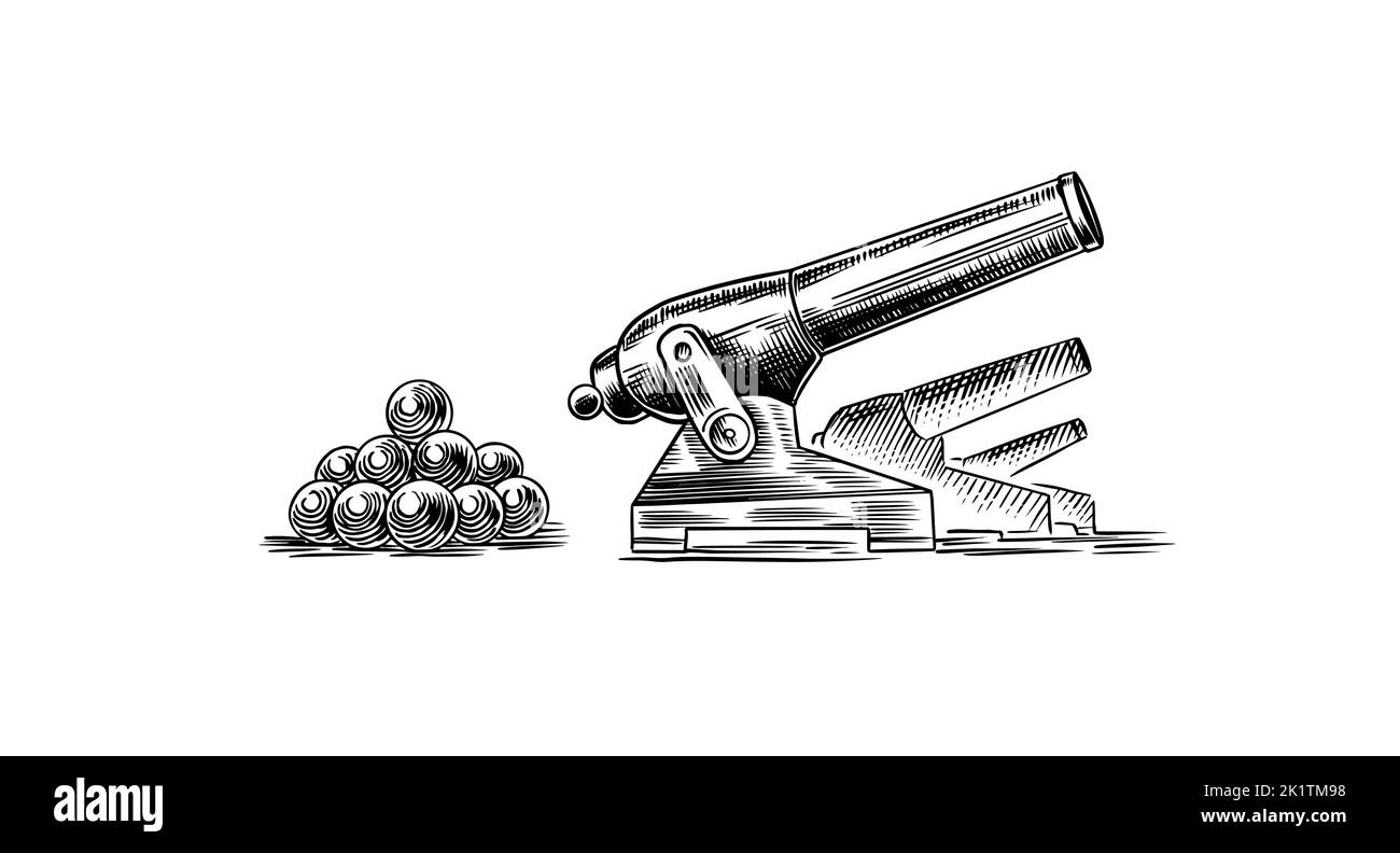Canon ancien de style vintage. Canon ou artillerie de grand calibre avec propulseur chimique explosif. Dessin gravé à la main pour tatouage ou impression Illustration de Vecteur
