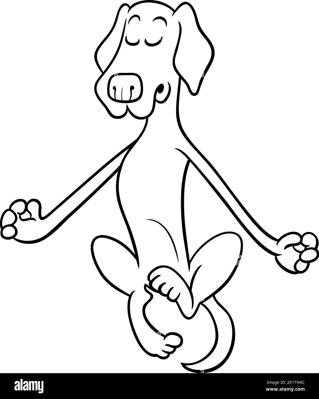 Dessin animé noir et blanc illustrant la page de coloriage des personnages d'animaux de chien en méditation et en levant Illustration de Vecteur
