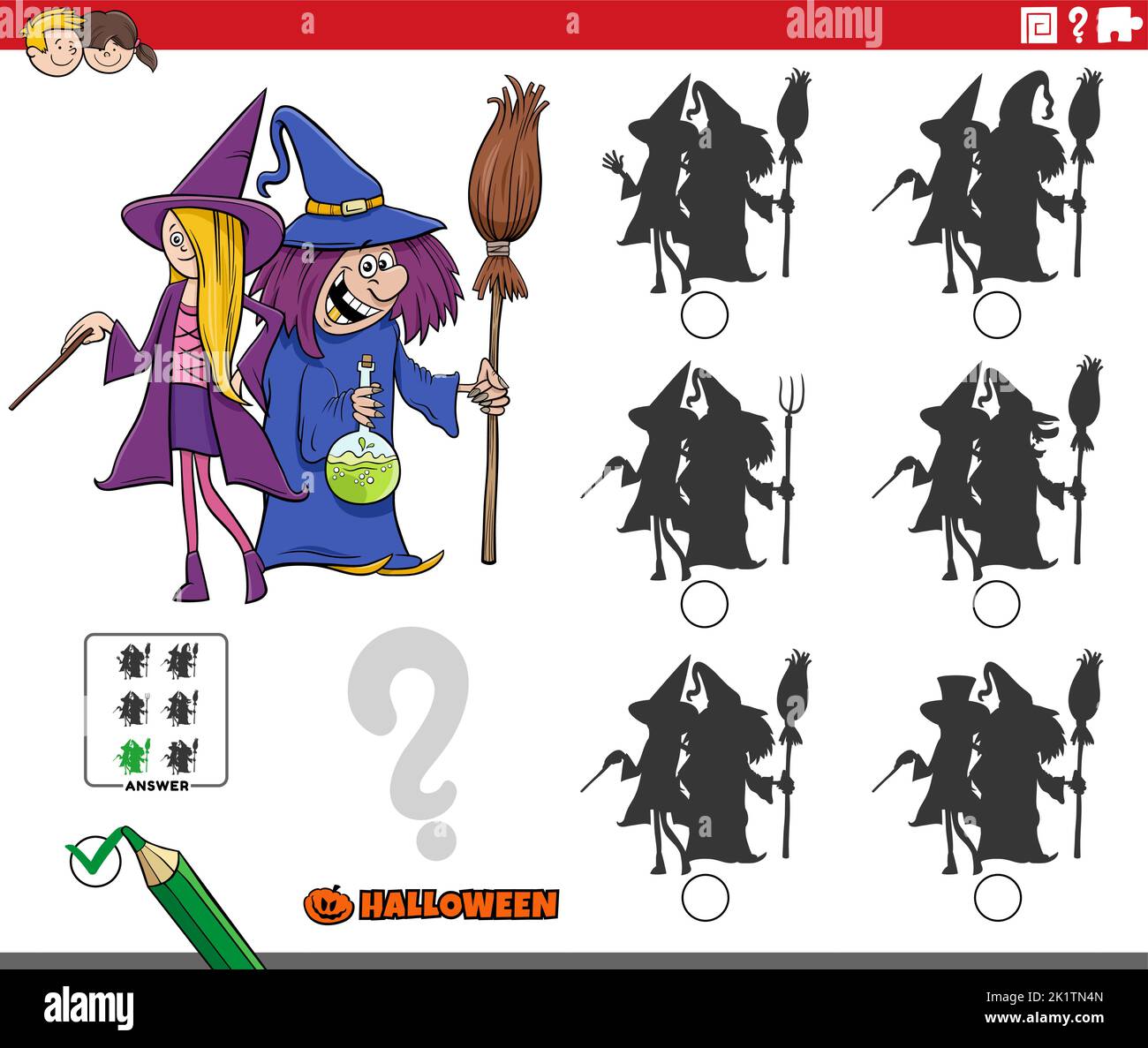 Illustration de dessin animé de trouver l'ombre sans différences jeu éducatif avec des personnages sorcières sur l'heure d'Halloween Illustration de Vecteur