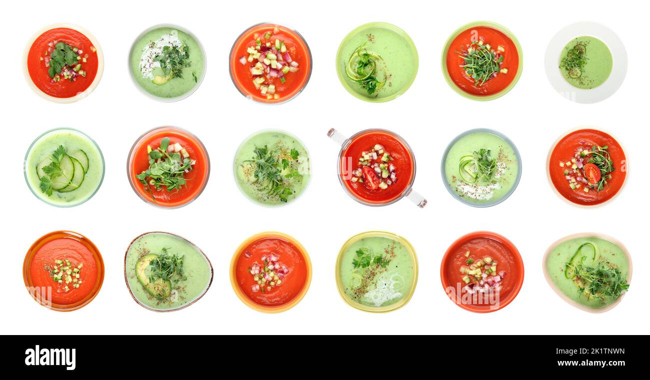 Collage de soupe de gazpacho rouge et vert dans des bols sur fond blanc, vue du dessus Banque D'Images