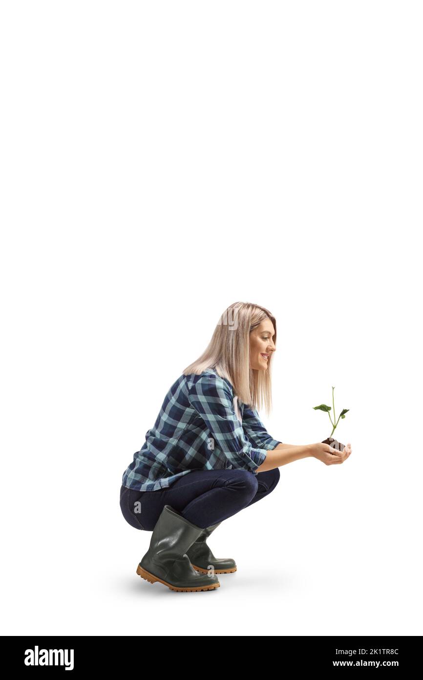 Une jardinière féminine s'agenouille et tient une jeune plante et la terre dans ses mains isolées sur fond blanc Banque D'Images