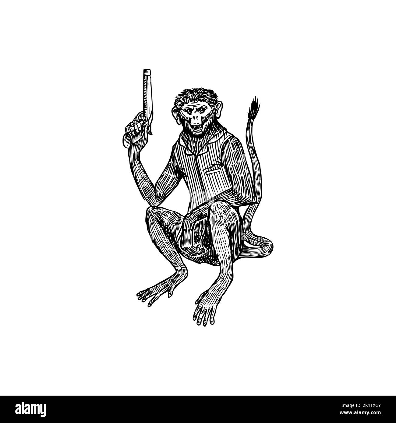 Pirate de singe avec un revolver. Caractère animal. Dessin gravé à la main, croquis vintage pour tatouage ou imprimé sur un t-shirt. Illustration de Vecteur