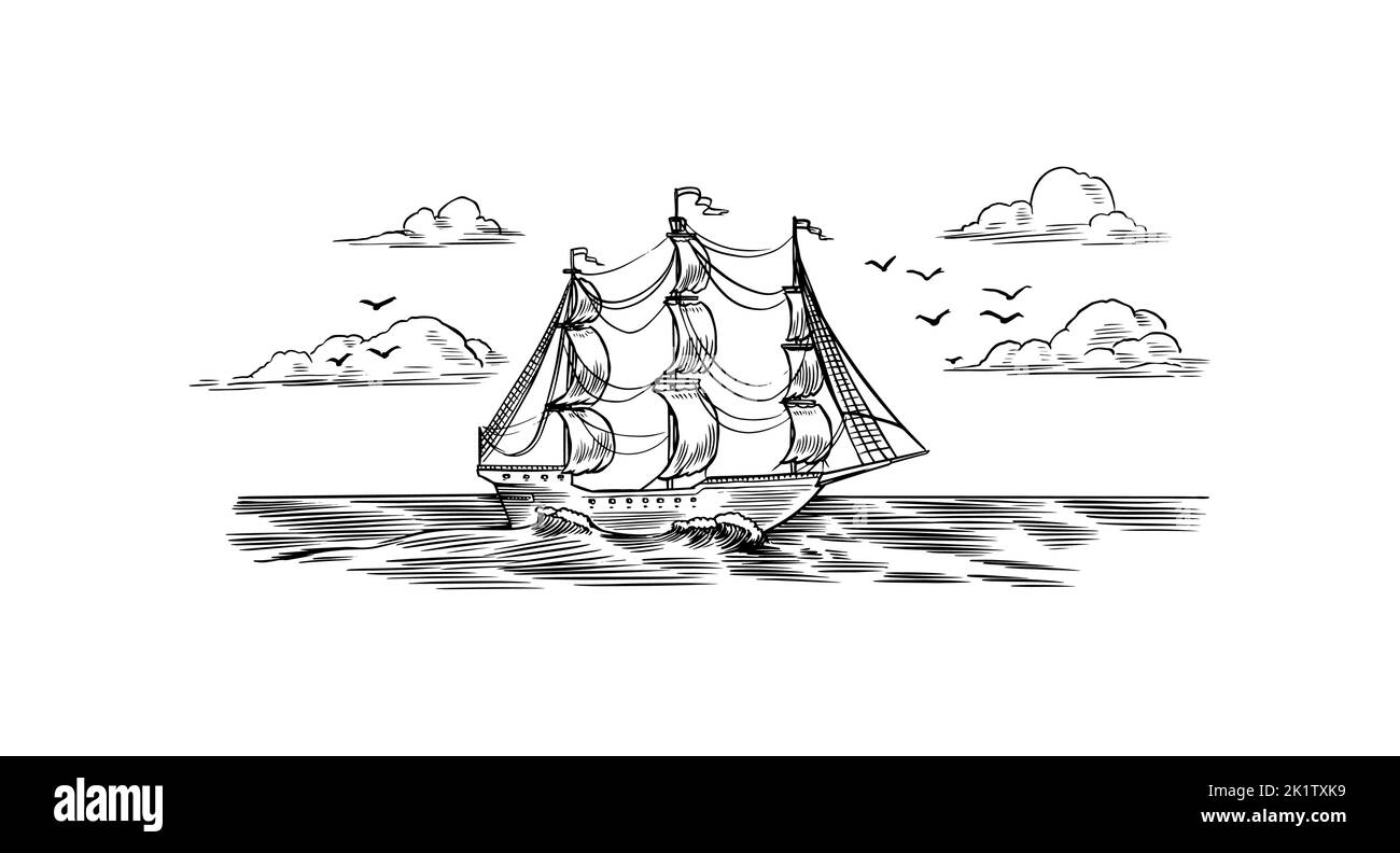 Voilier dans la mer, l'été l'aventure, vacances actives. Navire de mer, bateau marin ou nautique caravel. Le transport de l'eau dans l'océan pour marin et Illustration de Vecteur