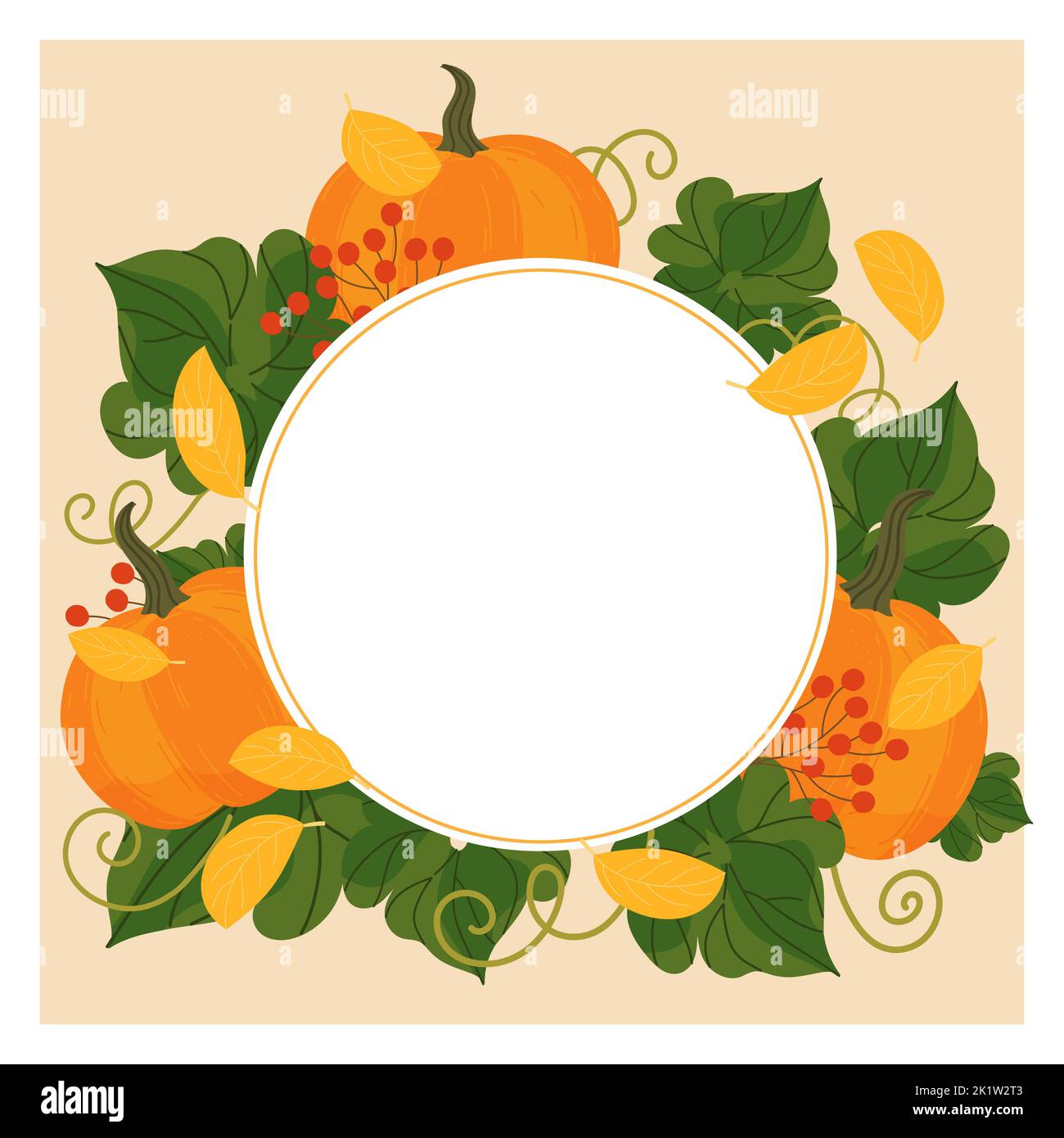 Arrière-plan du cadre du cercle d'automne avec citrouilles et feuilles d'automne avec espace balnk pour le texte. Modèle de bannière, carte dans un style automnal confortable. Chariot plat Illustration de Vecteur