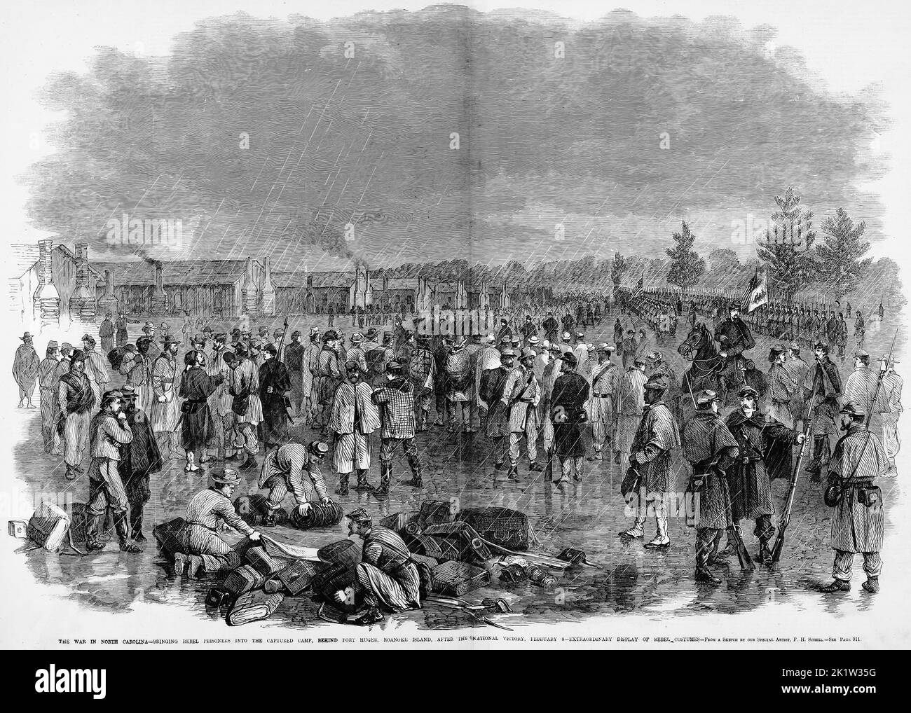 La guerre en Caroline du Nord - amener les prisonniers rebelles dans le camp capturé, derrière le fort Huger, l'île de Roanoke, après la victoire nationale, 8 février 1862 - exposition extraordinaire des costumes rebelles. Illustration de la guerre de Sécession américaine du 19th siècle tirée du journal illustré de Frank Leslie Banque D'Images