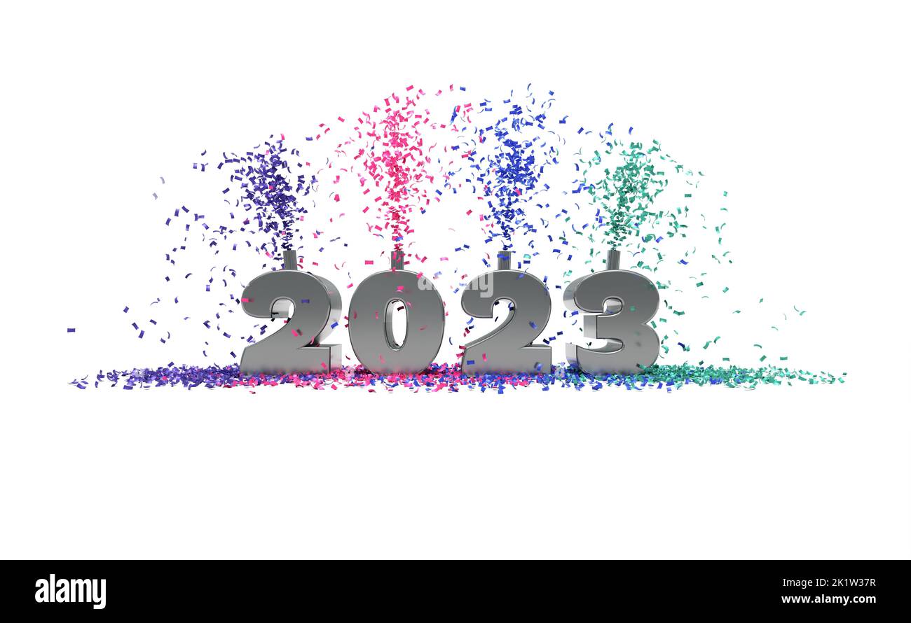 2023 célébration avec confetti - 3D rendu du texte sur fond blanc Banque D'Images